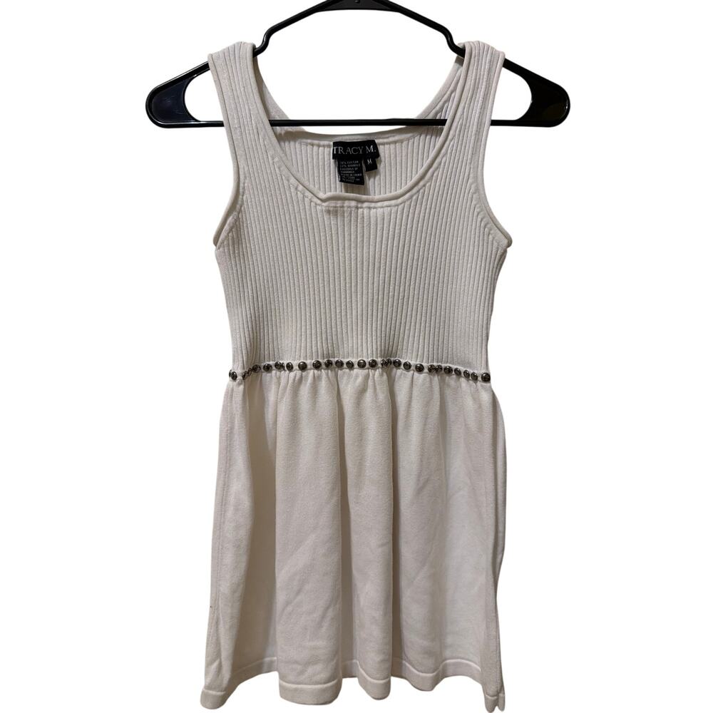 Y2K Babydoll White Ribbed Sleeveless Sweater Size Med Silver Rivet Tracy M. 90s